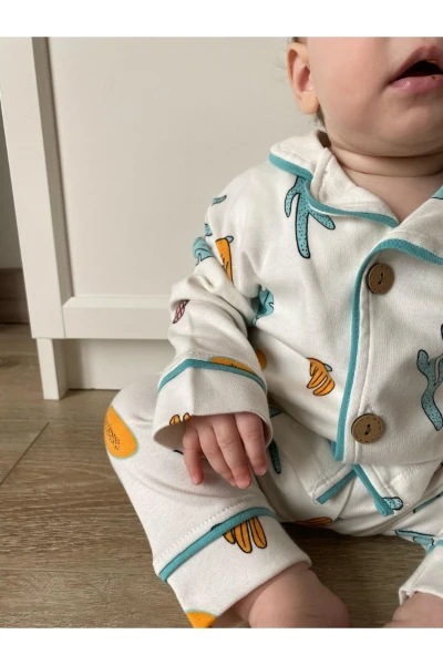 Kaktüs Temalı Bebe Yakalı %100 Pamuk Yumuşacık Kumaş 2’li Unisex Pijama Takımı - BEYAZ