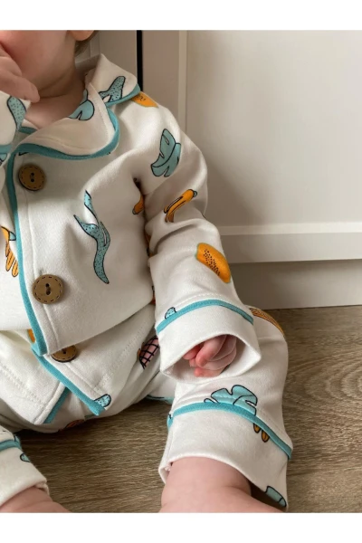 Kaktüs Temalı Bebe Yakalı %100 Pamuk Yumuşacık Kumaş 2’li Unisex Pijama Takımı - BEYAZ