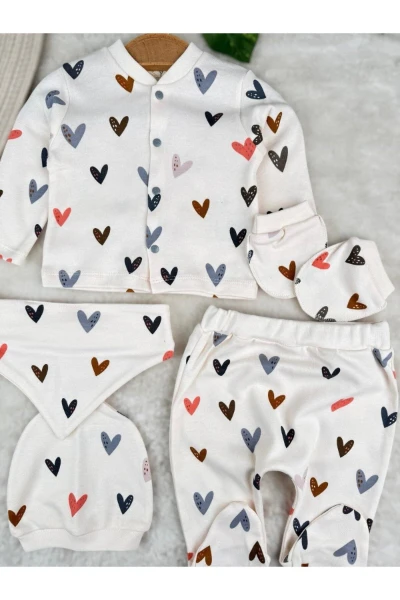 Kalp Baskılı %100 Pamuklu Kız Bebek Yenidoğan 5'li Set - RENKLİ