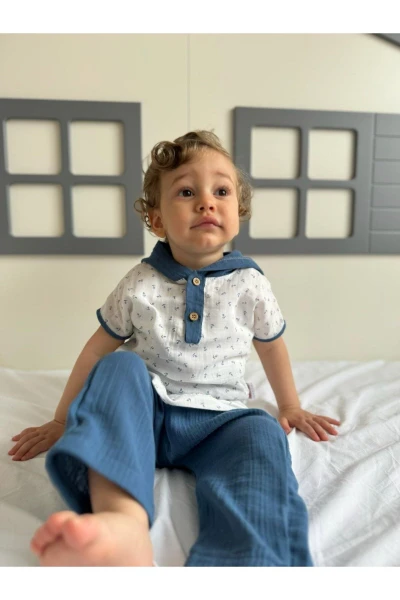 Kanca Baskılı Kolları Biyeli Kapüşonlu Unisex Müslin İkili Takım - MAVİ