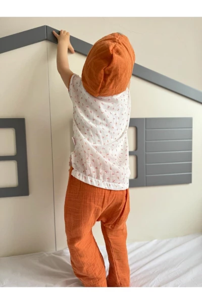 Kanca Baskılı Kolları Biyeli Kapüşonlu Unisex Müslin İkili Takım - KİREMİT