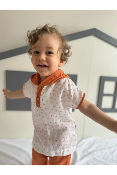Kanca Baskılı Kolları Biyeli Kapüşonlu Unisex Müslin İkili Takım - KİREMİT