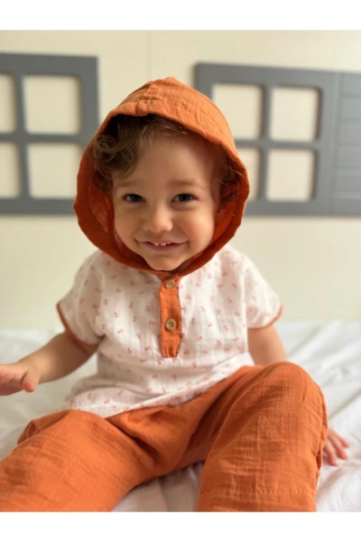 Kanca Baskılı Kolları Biyeli Kapüşonlu Unisex Müslin İkili Takım - KİREMİT
