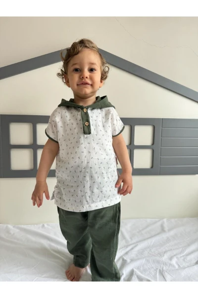 Kanca Baskılı Kolları Biyeli Kapüşonlu Unisex Müslin İkili Takım - YEŞİL