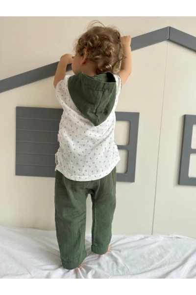 Kanca Baskılı Kolları Biyeli Kapüşonlu Unisex Müslin İkili Takım - YEŞİL