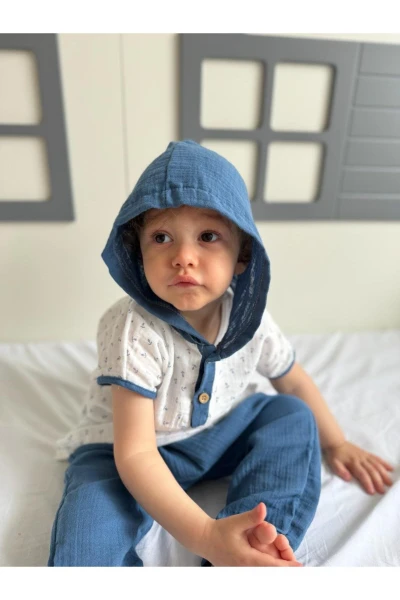 Kanca Baskılı Kolları Biyeli Kapüşonlu Unisex Müslin İkili Takım - MAVİ