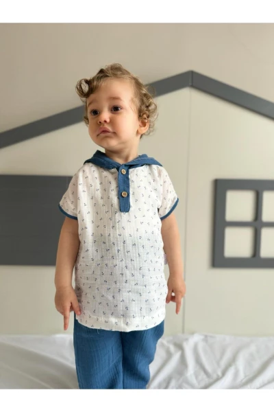 Kanca Baskılı Kolları Biyeli Kapüşonlu Unisex Müslin İkili Takım - MAVİ