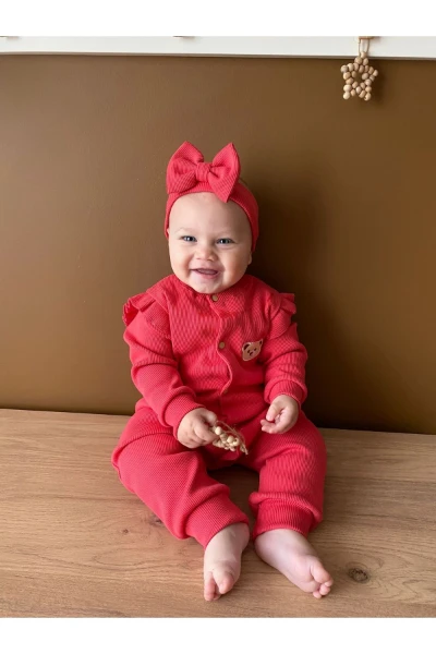 Kaşkorse %100 Pamuk Uzun Kollu Mevsimlik Kız Bebek Tulum + Bandana - FUŞYA