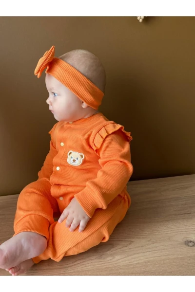 Kaşkorse %100 Pamuk Uzun Kollu Mevsimlik Kız Bebek Tulum + Bandana - TURUNCU