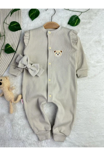 Kaşkorse %100 Pamuk Uzun Kollu Mevsimlik Kız Bebek Tulum + Bandana - KOYU BEJ