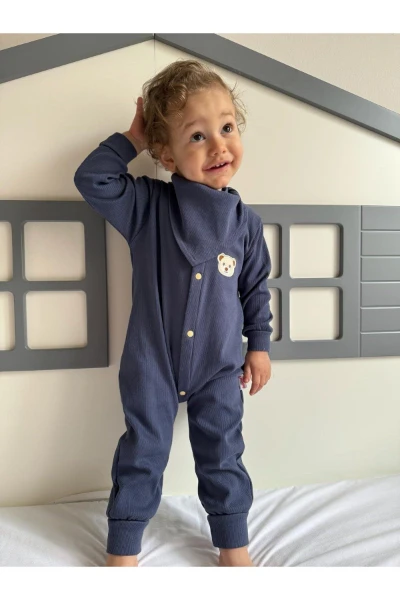 Kaşkorse %100 Pamuk Uzun Kollu Mevsimlik Unisex Bebek Tulum + Yakalık - LACİVERT