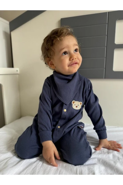 Kaşkorse %100 Pamuk Uzun Kollu Mevsimlik Unisex Bebek Tulum + Yakalık - LACİVERT