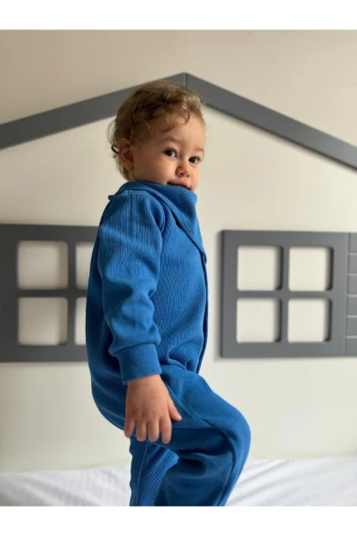 Kaşkorse %100 Pamuk Uzun Kollu Mevsimlik Unisex Bebek Tulum + Yakalık - MAVİ