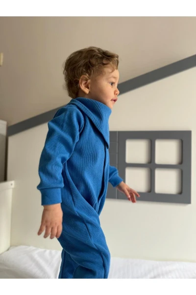 Kaşkorse %100 Pamuk Uzun Kollu Mevsimlik Unisex Bebek Tulum + Yakalık - MAVİ