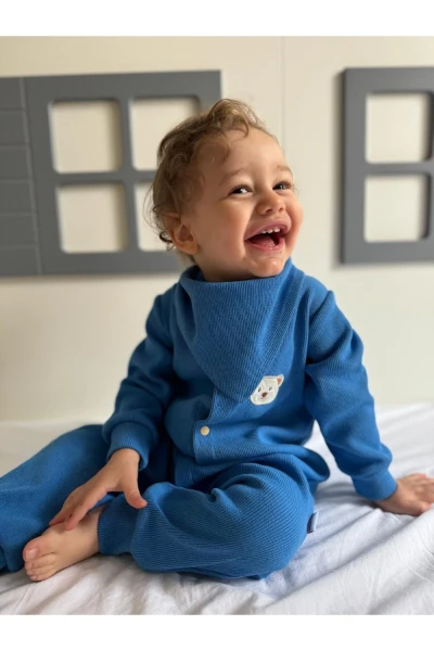 Kaşkorse %100 Pamuk Uzun Kollu Mevsimlik Unisex Bebek Tulum + Yakalık - MAVİ