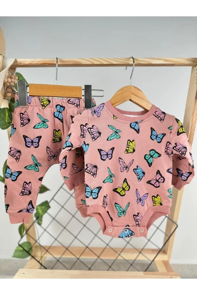 Kelebek Desenli Çıtçıtlı Badili Kız Bebek/Çocuk İkili Takım - GÜLKURUSU