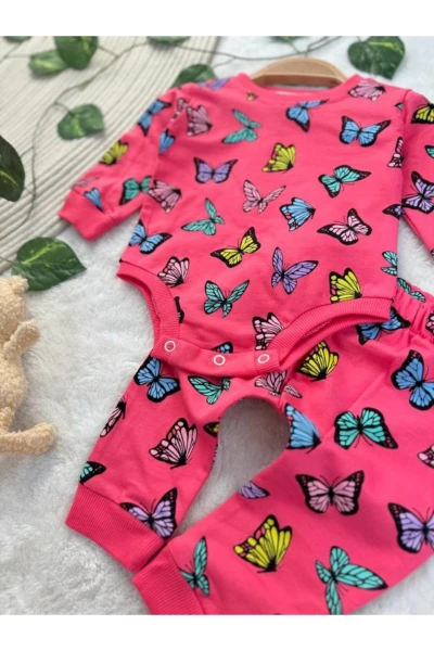 Kelebek Desenli Çıtçıtlı Badili Kız Bebek/Çocuk İkili Takım - FUŞYA