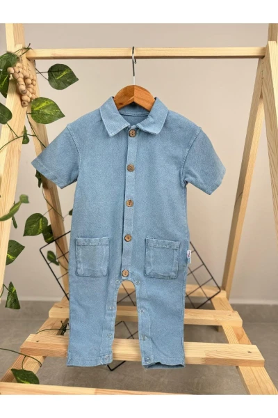 Kısa Kollu Yazlık Unisex Alttan Çıtçıtlı Kot Tulum - AÇIK MAVİ