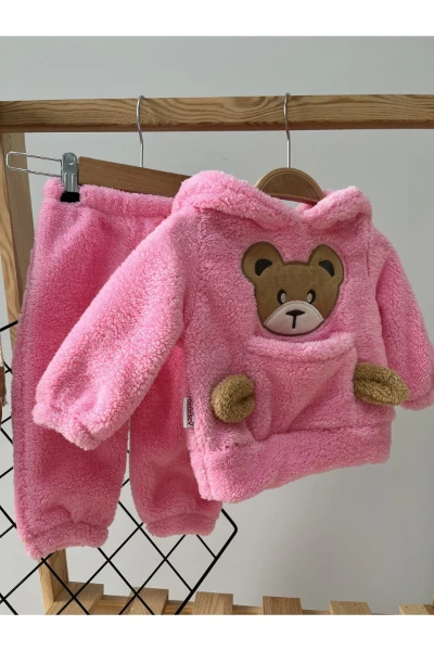 Kışlık Peluş Welsoft Cepli Kapüşonlu Bebek Takımı - PEMBE