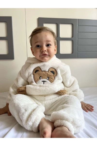 Kışlık Peluş Welsoft Cepli Kapüşonlu Bebek Takımı - KREM