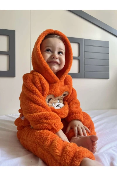 Kışlık Peluş Welsoft Cepli Kapüşonlu Bebek Takımı - TURUNCU
