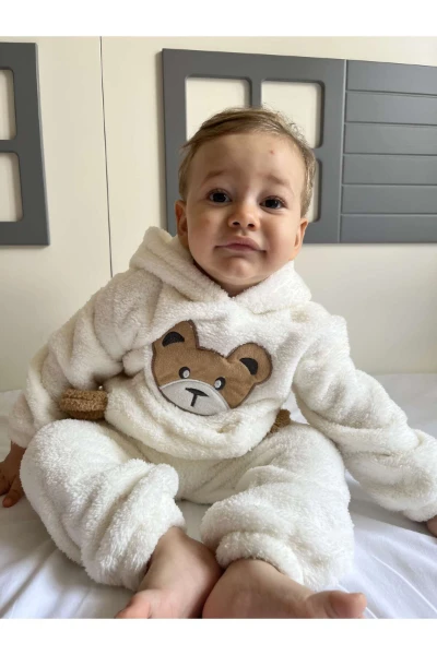 Kışlık Peluş Welsoft Cepli Kapüşonlu Bebek Takımı - KREM