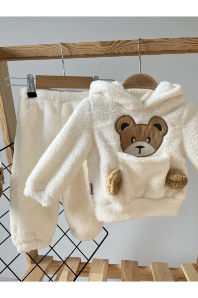 Kışlık Peluş Welsoft Cepli Kapüşonlu Bebek Takımı - KREM