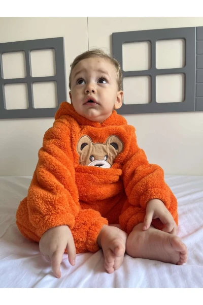 Kışlık Peluş Welsoft Cepli Kapüşonlu Bebek Takımı - TURUNCU