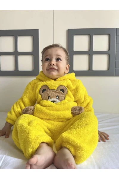 Kışlık Peluş Welsoft Cepli Kapüşonlu Bebek Takımı - SARI