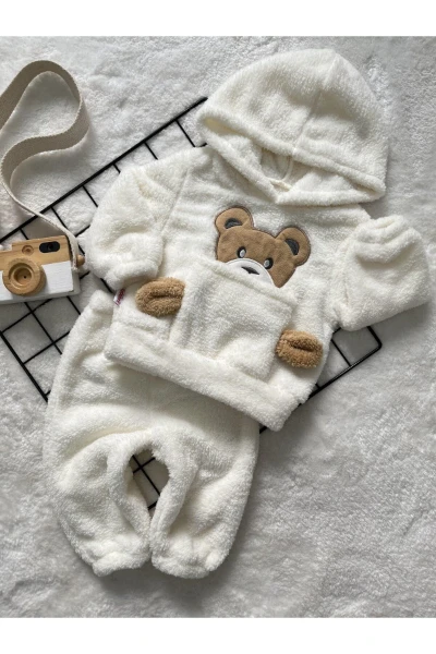 Kışlık Peluş Welsoft Cepli Kapüşonlu Bebek Takımı - KREM