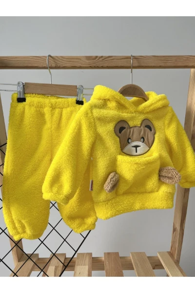 Kışlık Peluş Welsoft Cepli Kapüşonlu Bebek Takımı - SARI