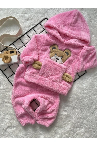 Kışlık Peluş Welsoft Cepli Kapüşonlu Bebek Takımı - PEMBE
