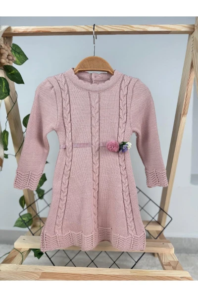 KIŞLIK TRİKO ÇIKARILABİLİR TOKA DETAYLI KIZ BEBEK/ÇOCUK ELBİSE - GÜLKURUSU