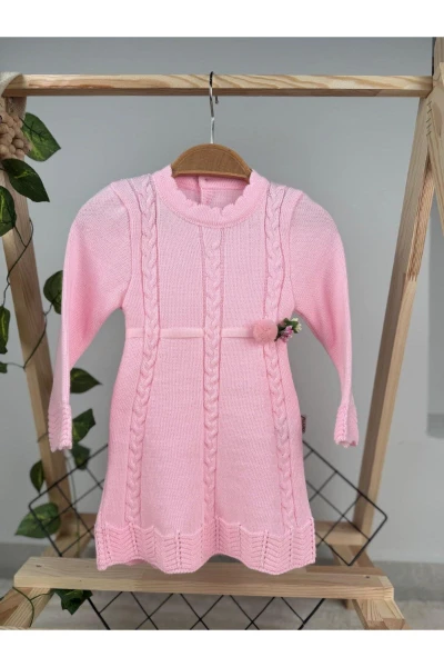 KIŞLIK TRİKO ÇIKARILABİLİR TOKA DETAYLI KIZ BEBEK/ÇOCUK ELBİSE - PEMBE