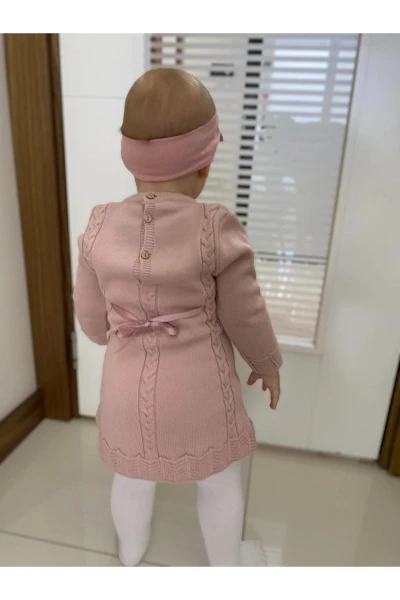 KIŞLIK TRİKO ÇIKARILABİLİR TOKA DETAYLI KIZ BEBEK/ÇOCUK ELBİSE - GÜLKURUSU