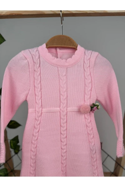 KIŞLIK TRİKO ÇIKARILABİLİR TOKA DETAYLI KIZ BEBEK/ÇOCUK ELBİSE - PEMBE