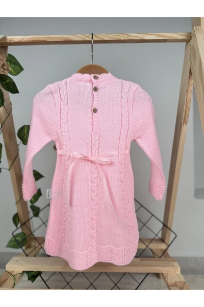 KIŞLIK TRİKO ÇIKARILABİLİR TOKA DETAYLI KIZ BEBEK/ÇOCUK ELBİSE - PEMBE