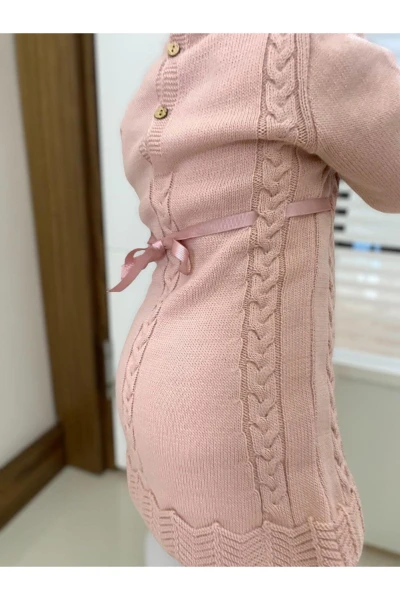 KIŞLIK TRİKO ÇIKARILABİLİR TOKA DETAYLI KIZ BEBEK/ÇOCUK ELBİSE - GÜLKURUSU
