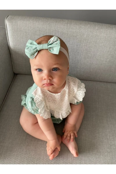 Kız Bebek Bandanalı Yağmur Damla Fistolu Çıtçıtlı Romper Badi İkili Set - SU YEŞİLİ