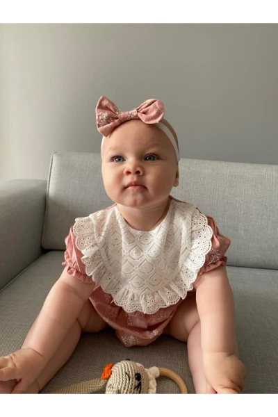 Kız Bebek Bandanalı Yağmur Damla Fistolu Çıtçıtlı Romper Badi İkili Set - AÇIK PEMBE