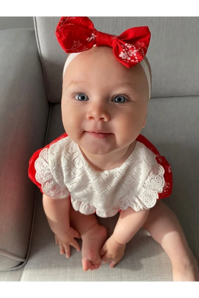 Kız Bebek Bandanalı Yağmur Damla Fistolu Çıtçıtlı Romper Badi İkili Set - KIRMIZI