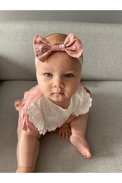 Kız Bebek Bandanalı Yağmur Damla Fistolu Çıtçıtlı Romper Badi İkili Set - AÇIK PEMBE