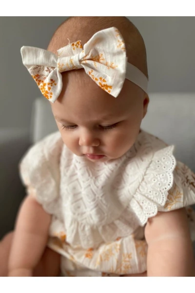 Kız Bebek Bandanalı Yağmur Damla Fistolu Çıtçıtlı Romper Badi İkili Set - BEYAZ