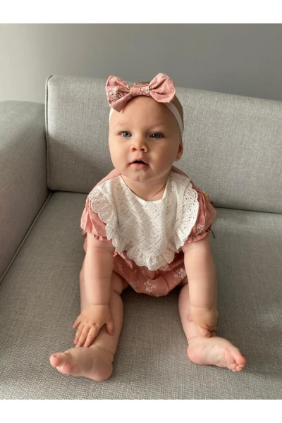 Kız Bebek Bandanalı Yağmur Damla Fistolu Çıtçıtlı Romper Badi İkili Set - AÇIK PEMBE