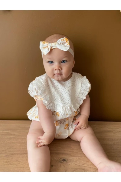 Kız Bebek Bandanalı Yağmur Damla Fistolu Çıtçıtlı Romper Badi İkili Set - BEYAZ