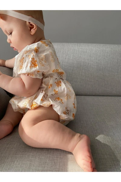 Kız Bebek Bandanalı Yağmur Damla Fistolu Çıtçıtlı Romper Badi İkili Set - BEYAZ