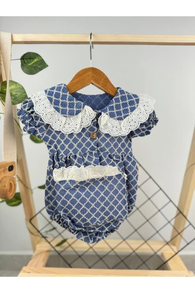Kız Bebek Şapkalı Dantel Fistolu Çıtçıtlı Romper Badi İkili Set - MAVİ