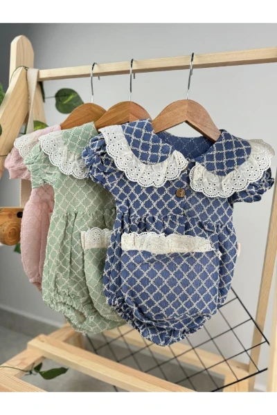 Kız Bebek Şapkalı Dantel Fistolu Çıtçıtlı Romper Badi İkili Set - MAVİ