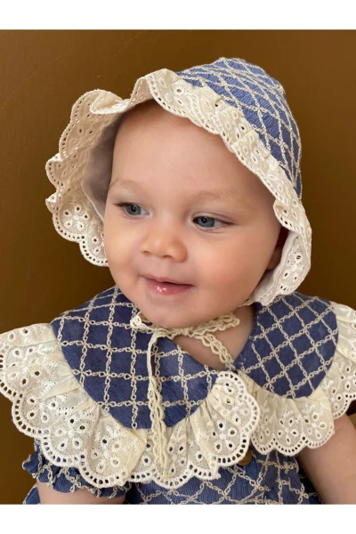 Kız Bebek Şapkalı Dantel Fistolu Çıtçıtlı Romper Badi İkili Set - MAVİ