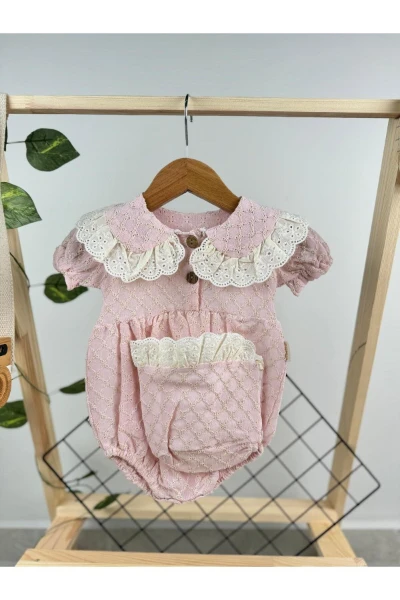 Kız Bebek Şapkalı Dantel Fistolu Çıtçıtlı Romper Badi İkili Set - PUDRA PEMBE